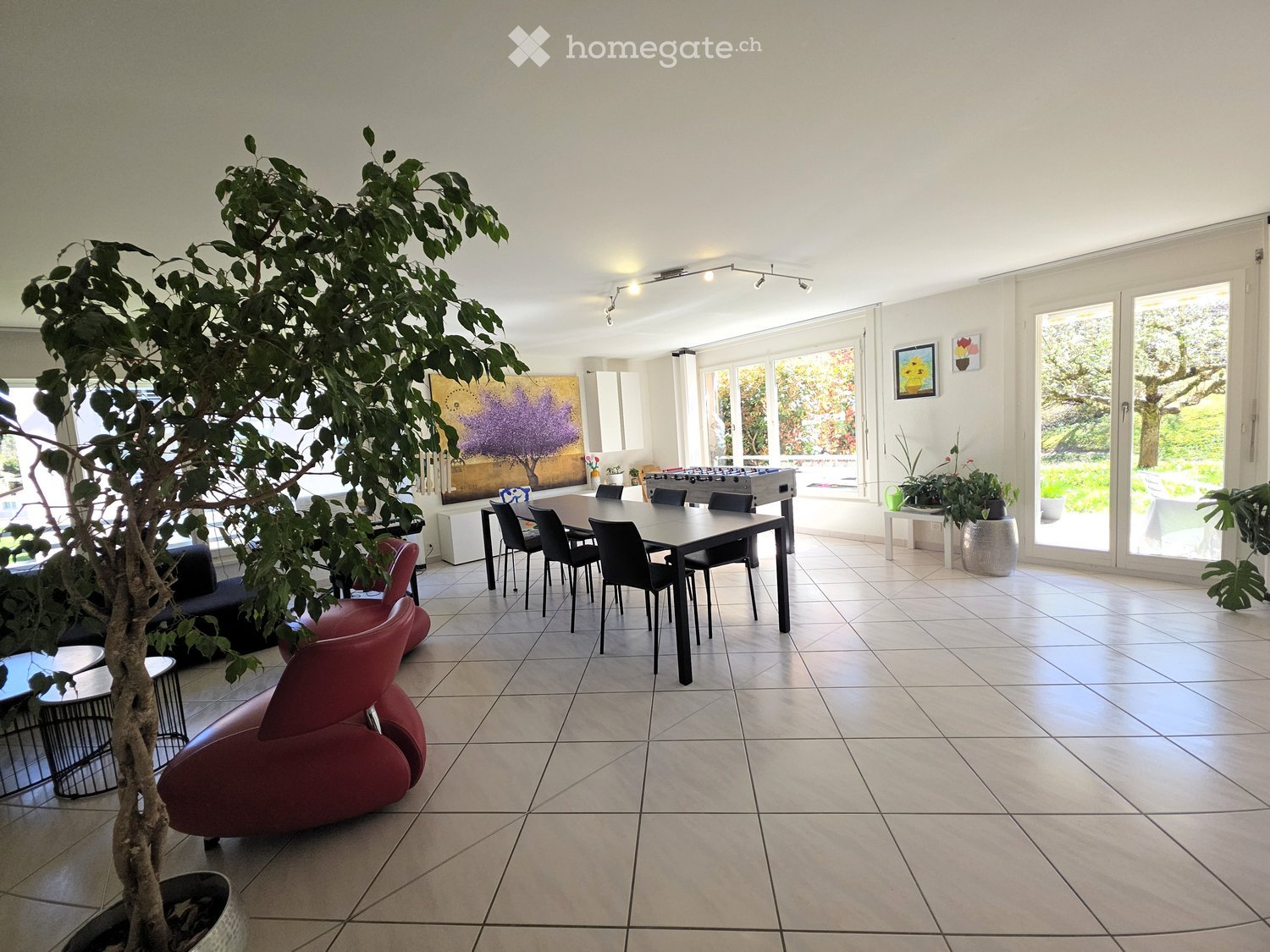 Bright, spacious living area with large windows, a red modern sofa, a dining table with chairs, and a potted tree in the corner.