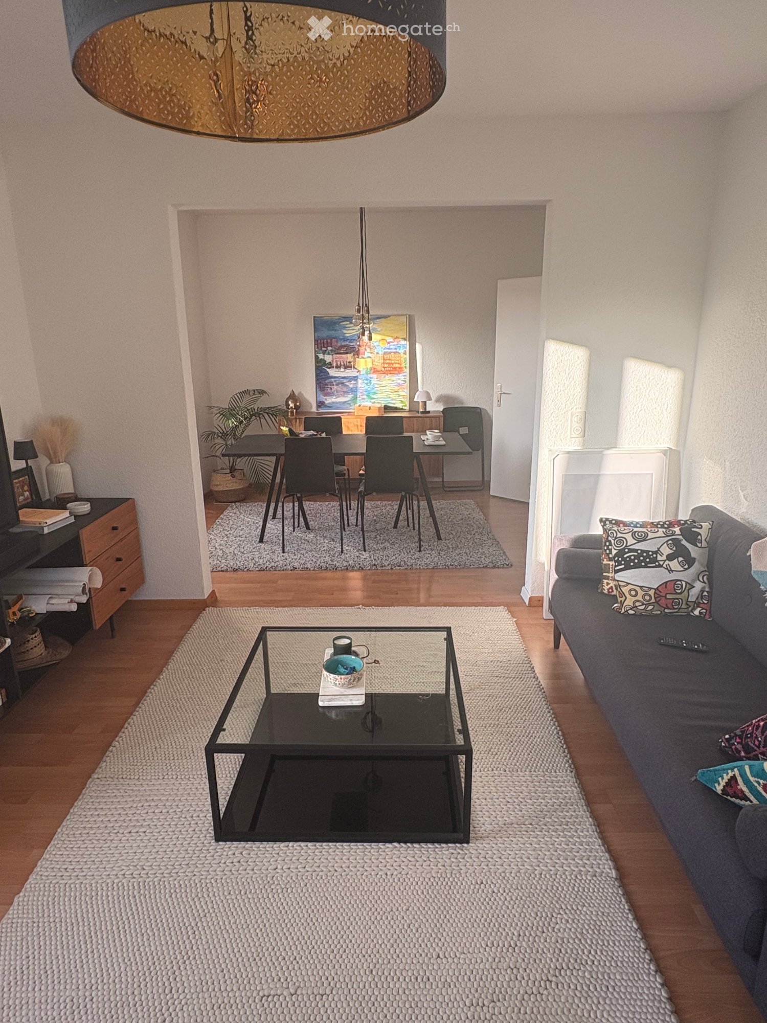 Modern living room with a grey sofa, glass coffee table, dining area with chairs and table, and decorative elements including a painting and plant.