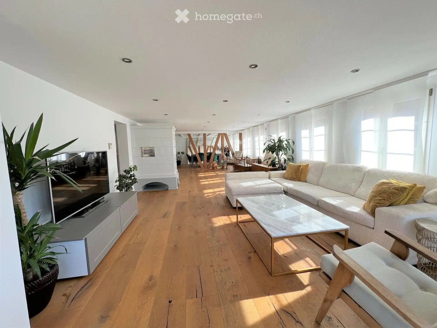 Bright living room with white walls, wooden flooring, large windows, a white sofa, coffee table, armchair, fireplace, TV stand, and potted plants.