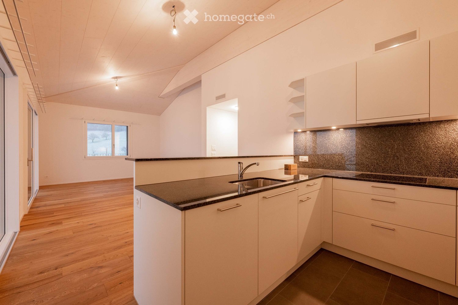 Modern kitchen with white cabinets, dark countertops, and a sink. The space features wooden flooring and large windows letting in natural light.