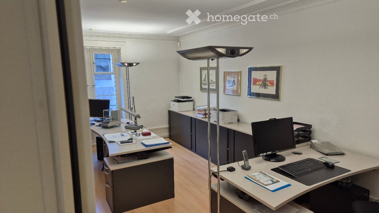 Office space with two desks, computers, chairs, a printer, cabinets, and floor lamps.