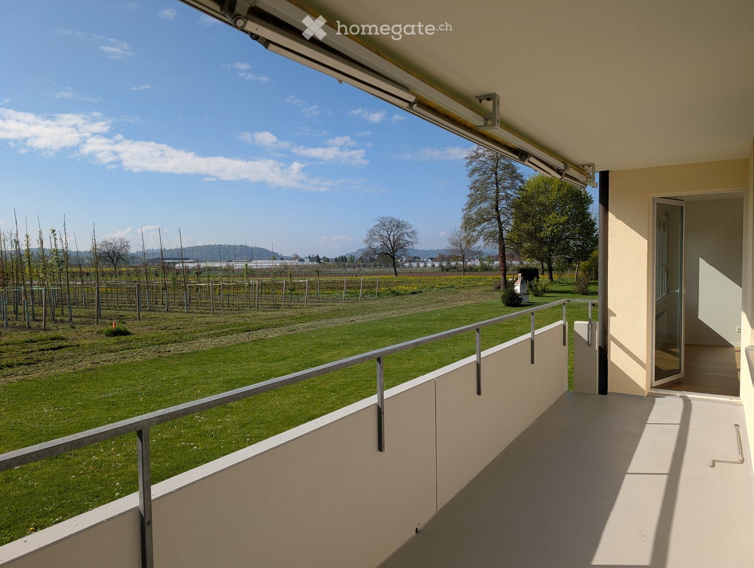 Balcony with a metal railing, overlooking a green field and vineyard, with a clear blue sky and distant hills.