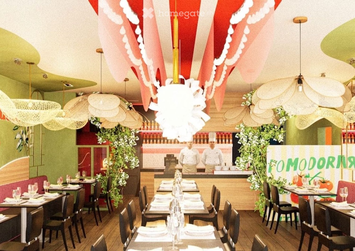 Restaurant interior with multiple tables and chairs, wine glasses, plates, and napkins set for dining. Decor includes hanging chandeliers, plants, and a sign that reads "FOMODORI".