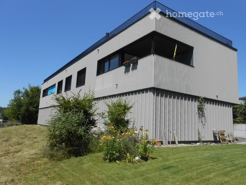 Modern two-story house with a flat roof and balcony, surrounded by a well-maintained lawn and small garden area.