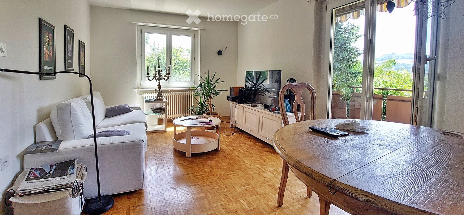 Bright living room with wooden flooring, large windows, and a view. Features a white sofa, coffee table, dining table, chair, TV, floor lamp, candle holder, and potted plant.