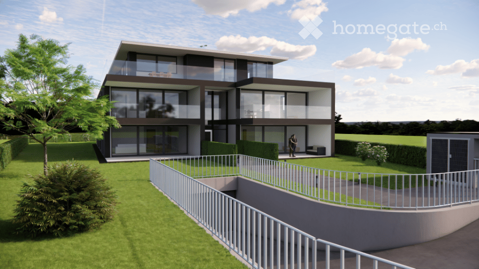 Two-story house, brown brick facade, glass windows, glass balcony, fenced garden