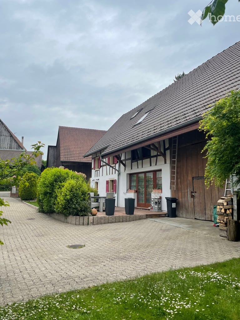 Detached house, brown roof, white walls, red shutters, brick driveway, large garden with shrubs, outdoor seating, stacked firewood, trash bins, ladders, shed, additional building
