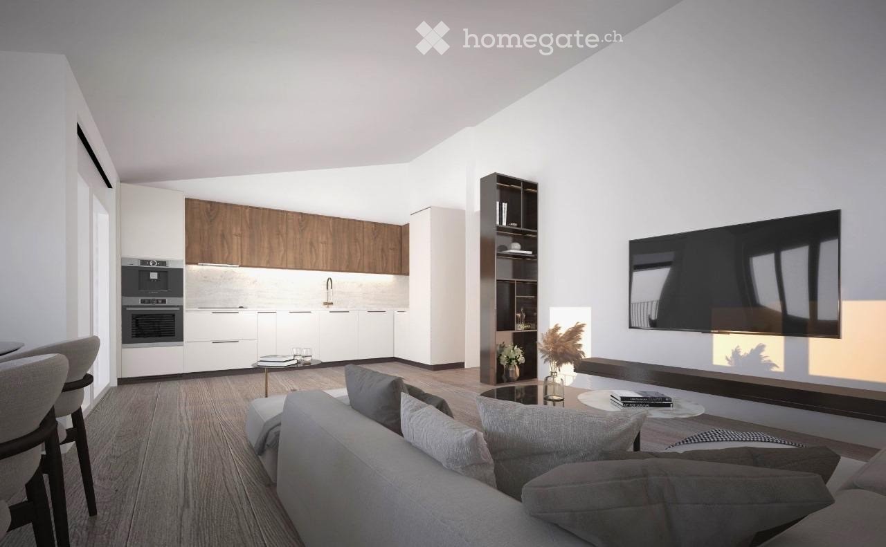living area with modern furniture, white walls, wooden floor, open kitchen, large windows with balcony access, television, bookshelves, modern lighting