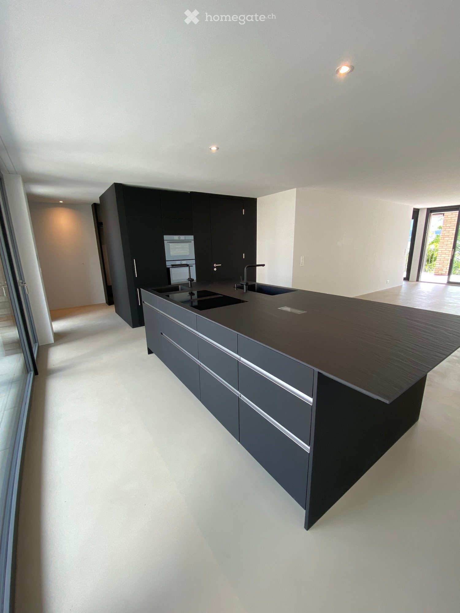 Modern kitchen with dark grey cabinets, a large island with a black countertop, and a built-in oven. The space features sleek, contemporary design elements and ample natural light from large windows.