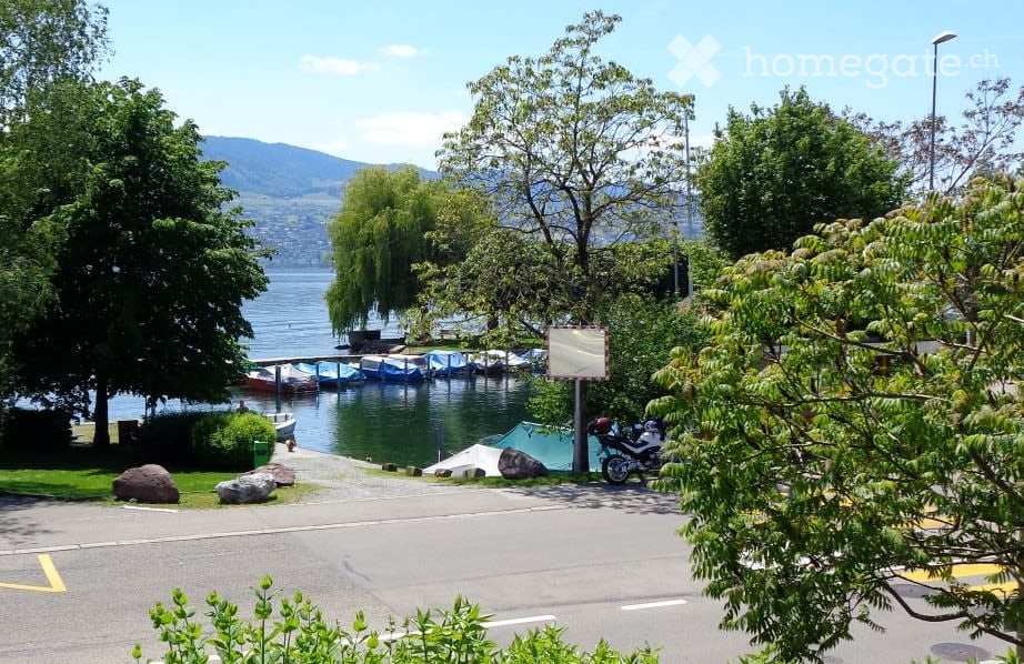 A lakeside area with several docked boats, trees, and a paved road leading to the waterfront.