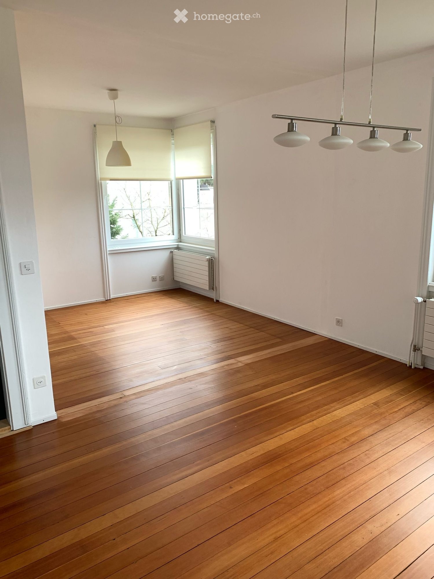 Empty room with wooden flooring, white walls, and large windows with blinds. Features include a radiator, electrical outlets, and pendant lights.