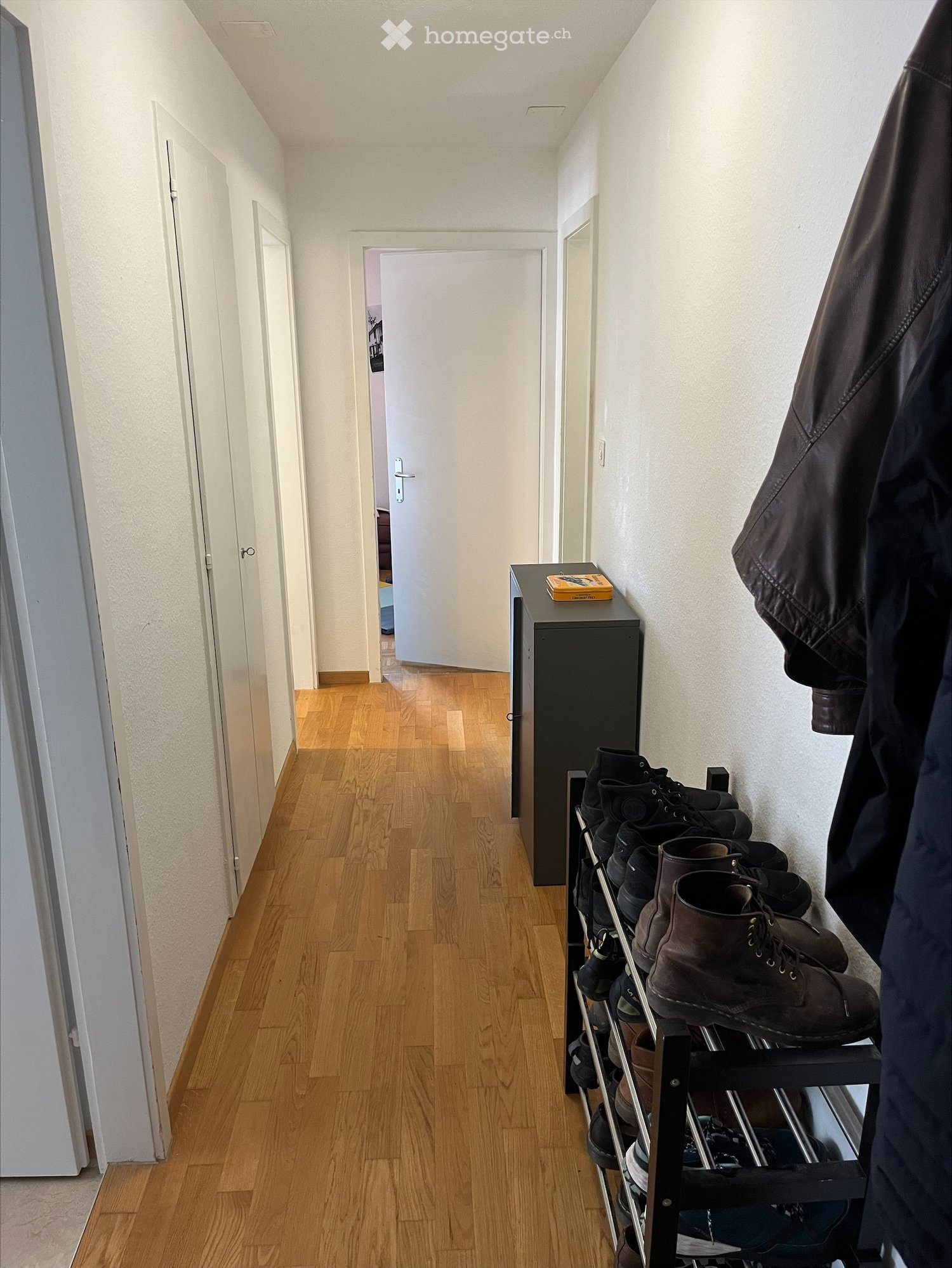 A narrow hallway with wooden flooring, white walls, and several doors leading to other rooms. A shoe rack with multiple pairs of shoes is visible, along with a coat hanging on the wall and a small table with a book on it.
