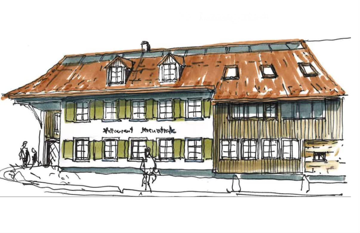 Two-story building with a brown tiled roof, multiple windows, and a sign reading "Restaurant Neustadtk" above the entrance.