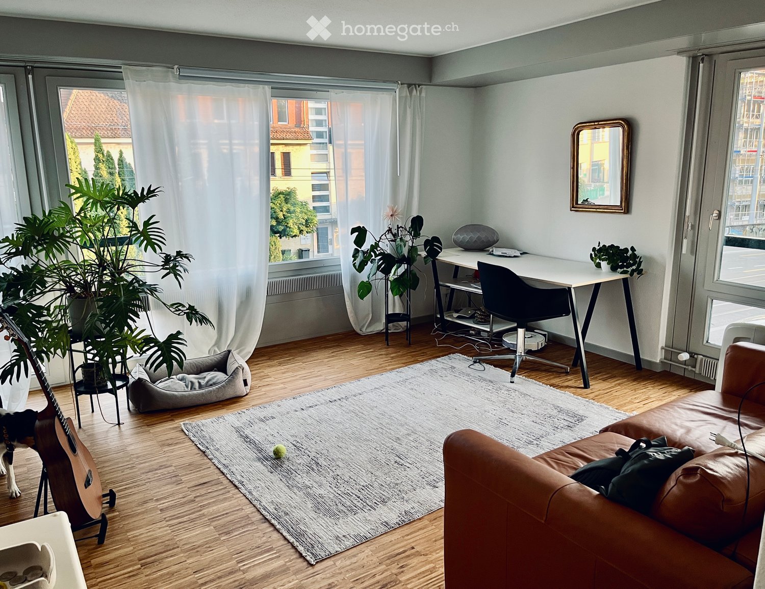 Modern living room with wooden flooring, large windows, a brown leather sofa, a guitar, a pet bed, a desk with a chair, and several plants.