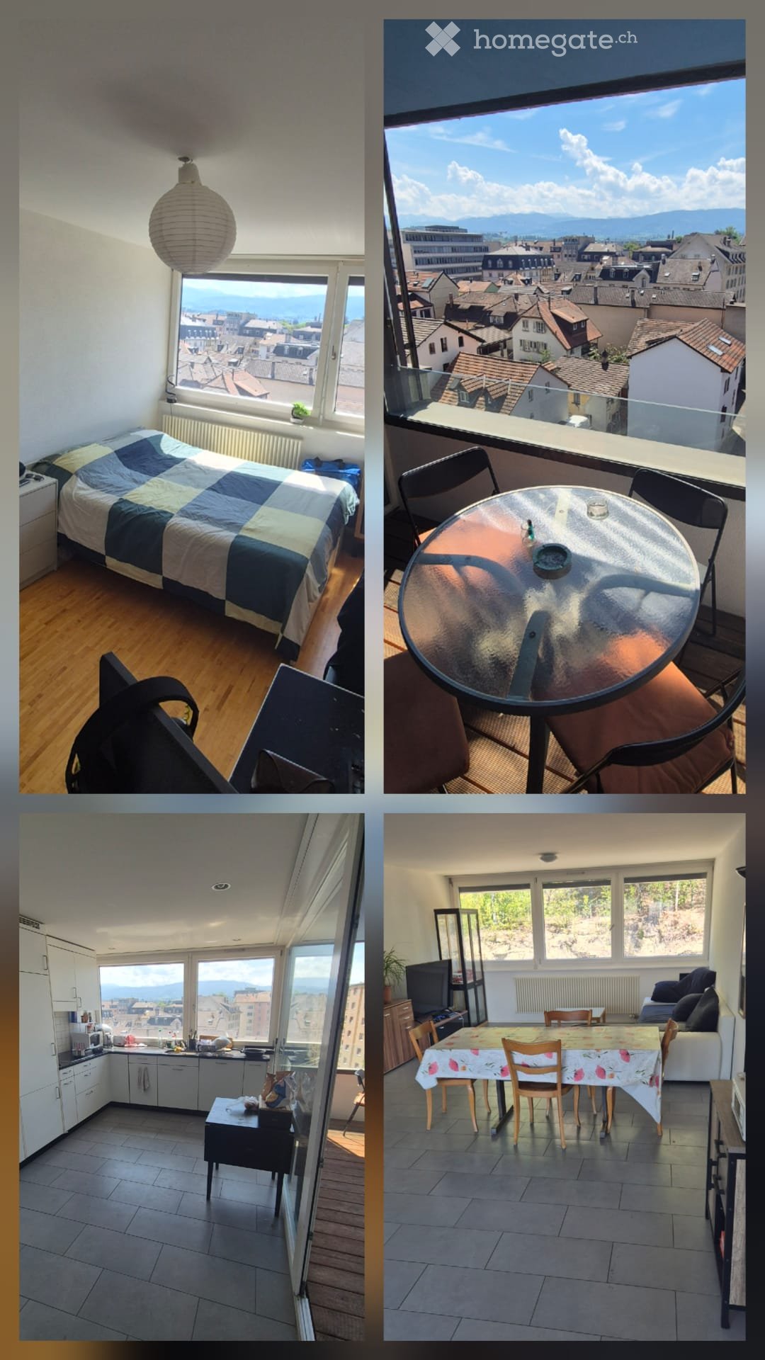 Four images showing a furnished apartment with a bedroom, balcony, kitchen, and living area. The bedroom features a bed with a checkered blanket, a chair, and a view of the city. The balcony has a round glass table and chairs with a scenic view. The kitch