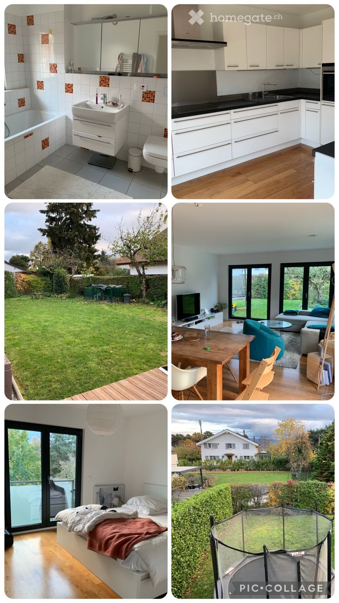 A collage of six images showcasing a modern house with a bathroom, kitchen, living room, bedroom, garden, and outdoor area.