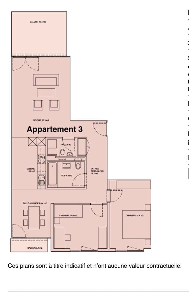 Floor plan of Apartment 3 showing a living room, kitchen, two bedrooms, two bathrooms, and two balconies.