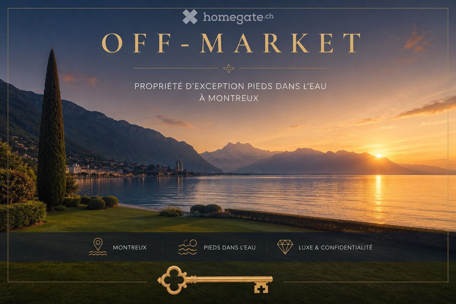Promotional image for a luxury property in Montreux, Switzerland, featuring a serene lakeside view with mountains in the background, a well-maintained lawn, and a tall pine tree.