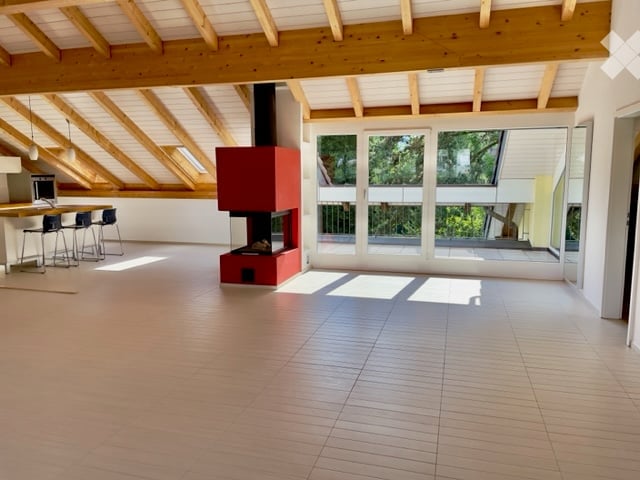 Bright, open-plan living space with wooden beams on the ceiling, large windows, and a red fireplace. The floor is light wood, and the room is unfurnished.