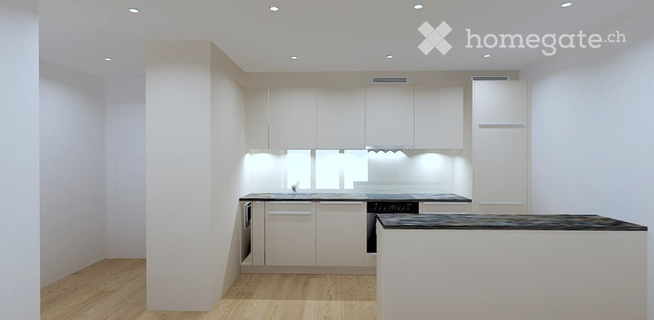 Modern, minimalist kitchen with white cabinets, a black countertop, and a central island. Features include a sink, an oven, and recessed lighting.