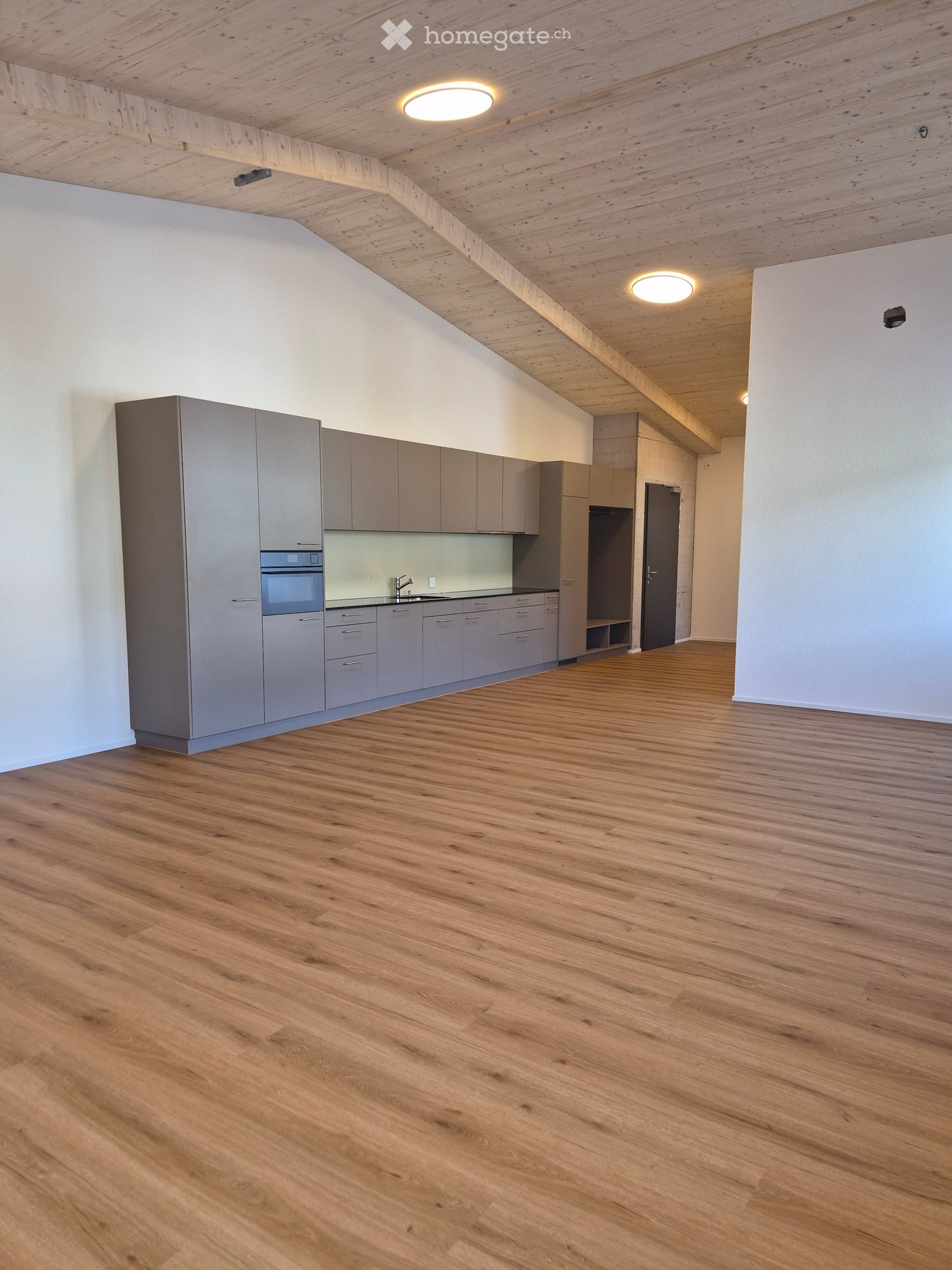 Empty kitchen with wooden flooring, grey cabinets, and a built-in oven. The space features a sleek, modern design with white walls and recessed lighting.