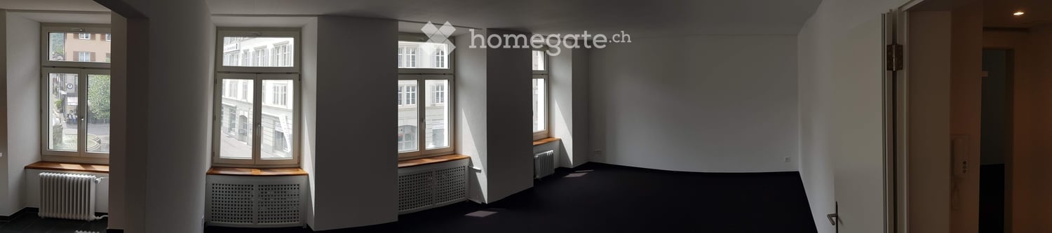 Empty room with 4 windows, radiators, black floor, white walls
