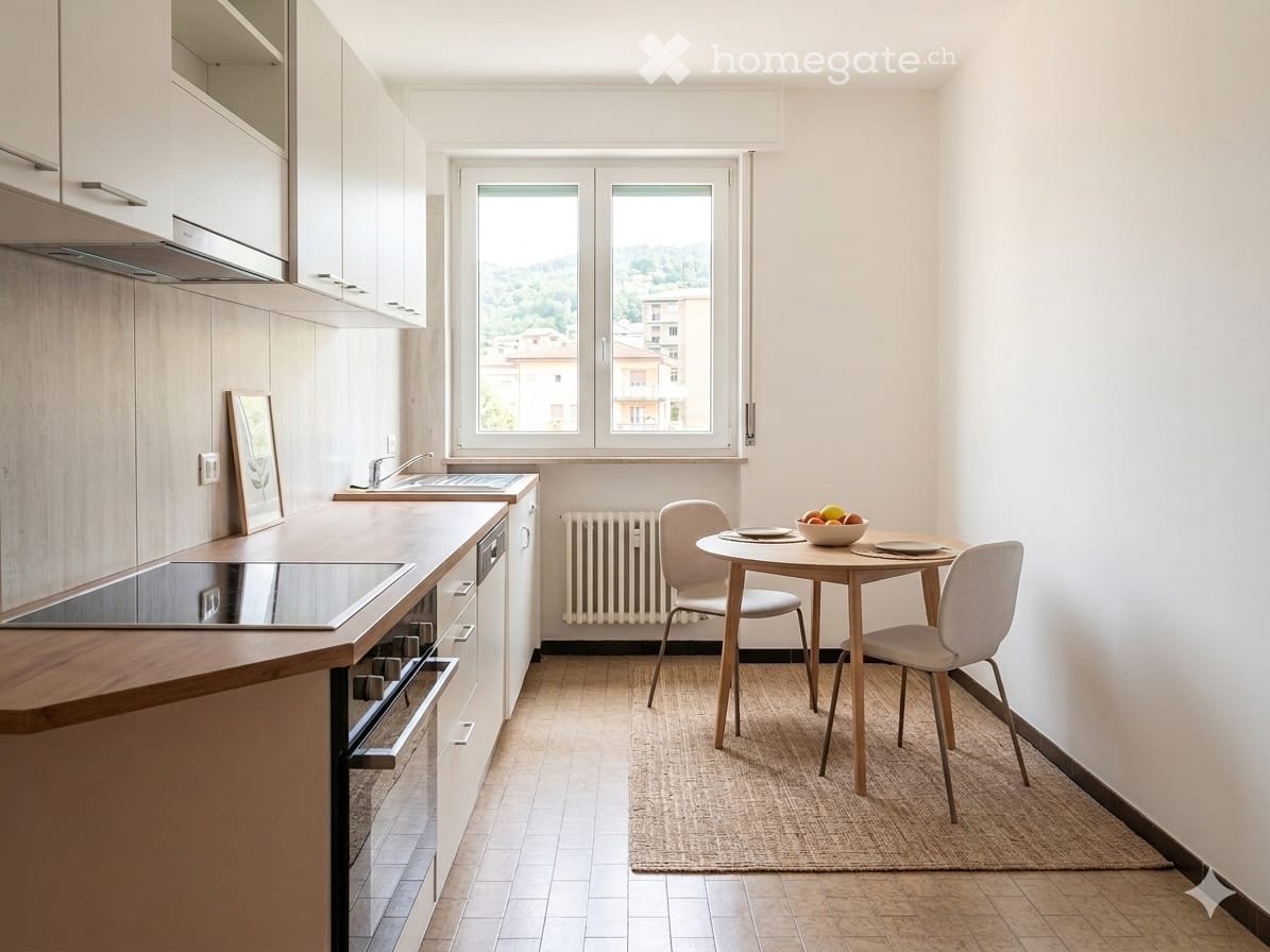Modern kitchen with light wood cabinets, stainless steel appliances, a small dining area with a table and chairs, and a window overlooking a cityscape.