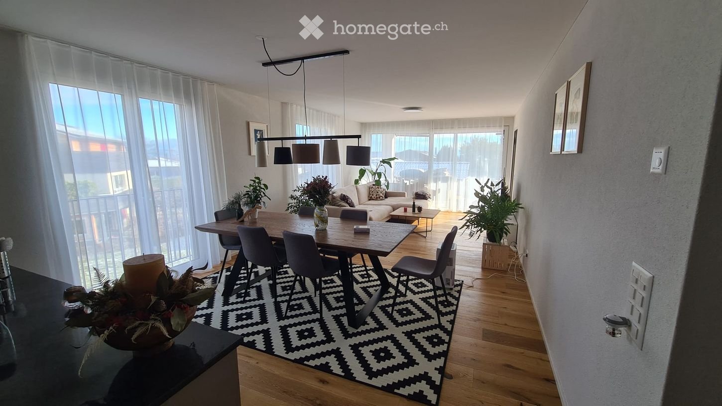 Open-plan living and dining area with a sofa, coffee table, dining table, chairs, pendant lights, plants, and a patterned rug.
