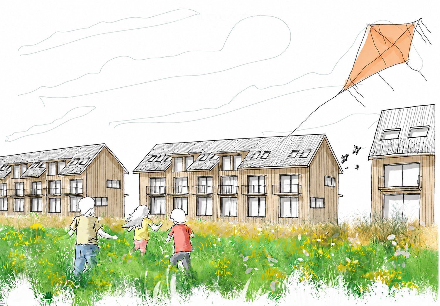 Illustration of a residential complex with wooden buildings, surrounded by a field of flowers and a kite in the sky. Three children are running in the foreground.