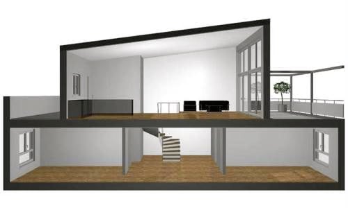 3D floor plan of a modern two-story house with open-plan living space, staircase, balcony, and large windows.
