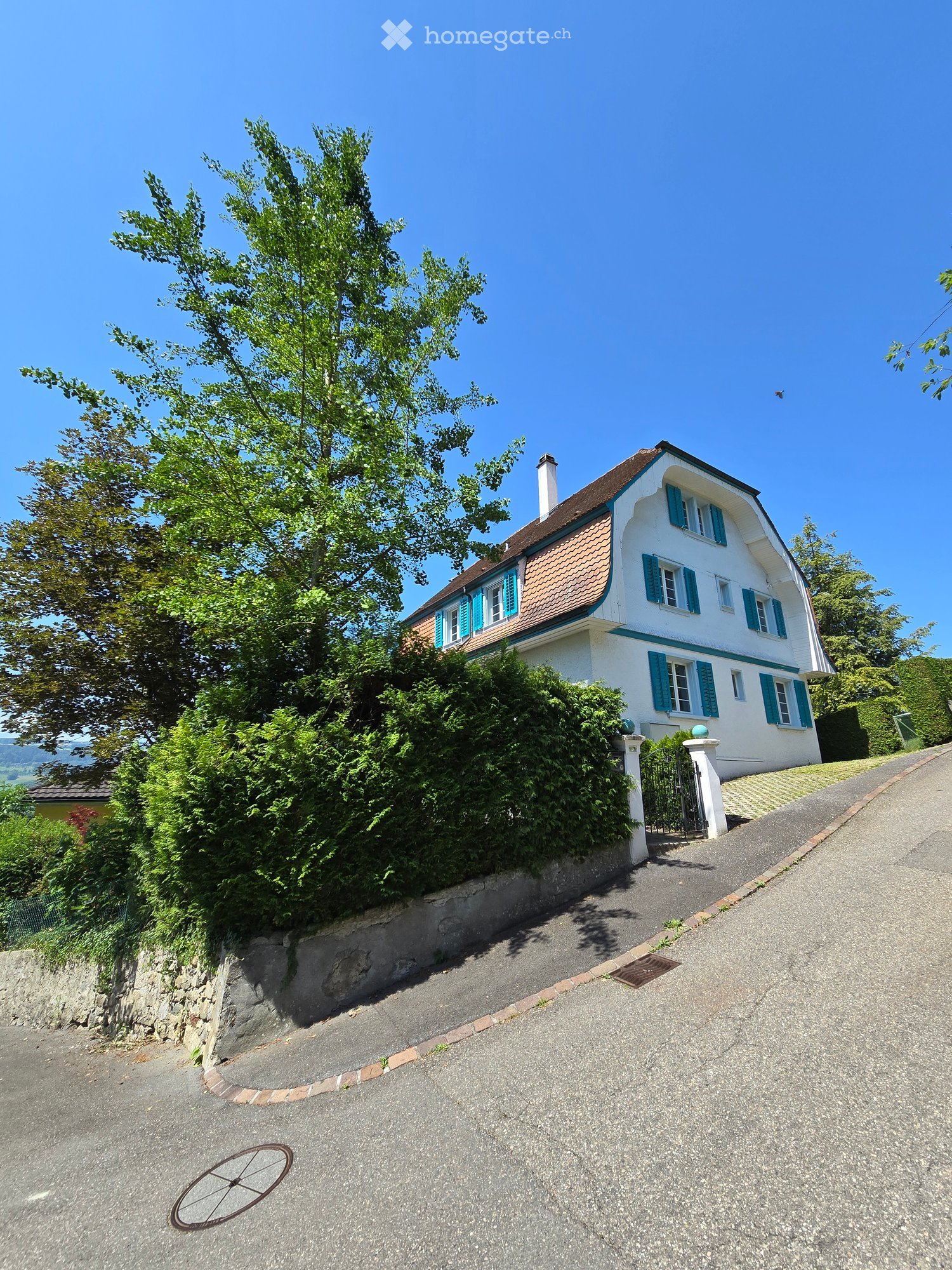 Two-story house with white walls, blue shutters, and a brown tiled roof, surrounded by greenery and a driveway.