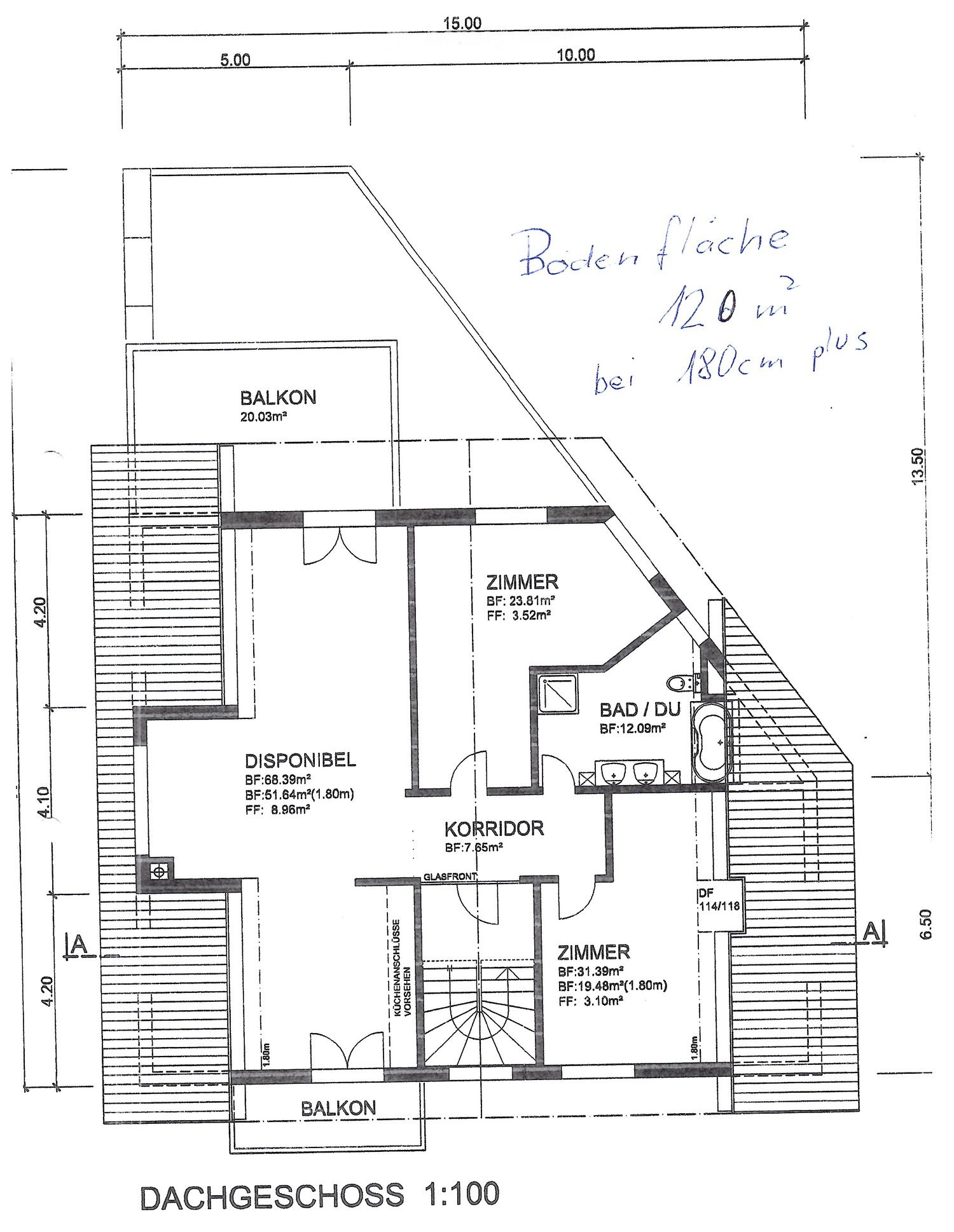 Floor plan of a roof level showing a balcony, bedroom, bathroom, hallway, and additional space labeled 'DISPONIBEL'.