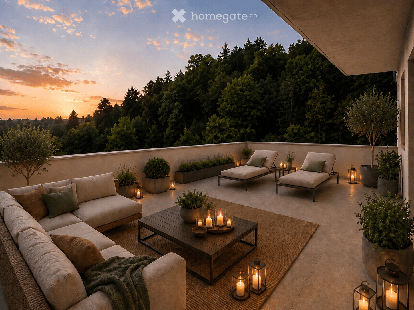 A modern outdoor terrace with a sectional sofa, coffee table, sun loungers, and decorative lanterns, surrounded by potted plants and trees, overlooking a scenic sunset view.