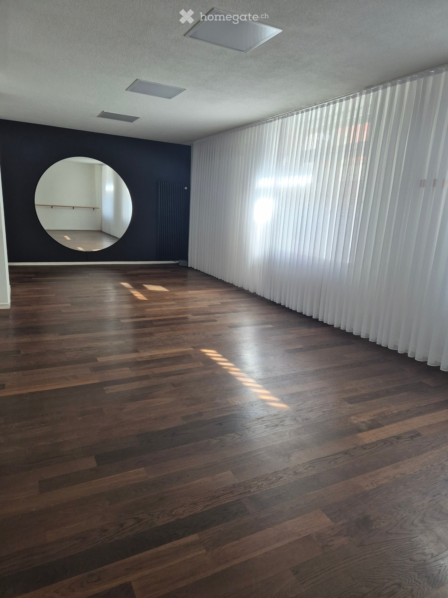 Unfurnished Room. Empty room with wooden flooring, dark walls, and white vertical blinds on one side. A round mirror is mounted on the wall, reflecting part of the room.