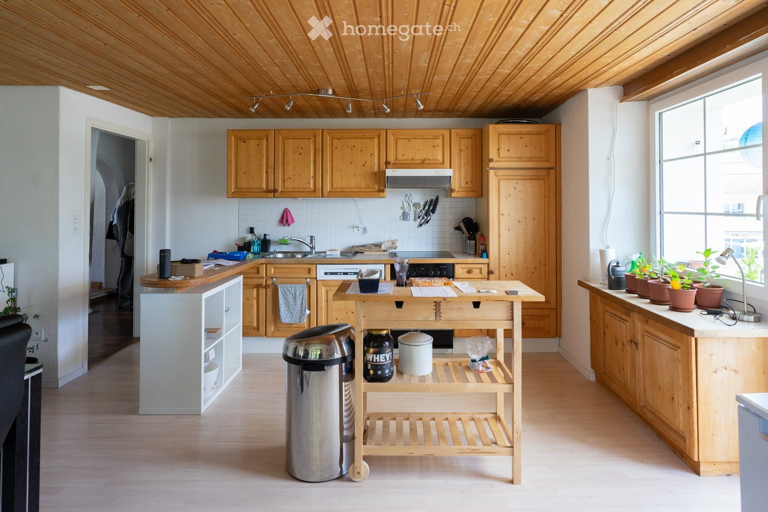 Bright kitchen with wooden cabinets, a central island, and a sink area. The space features a trash can, potted plants, and various kitchen items on the island and counters.