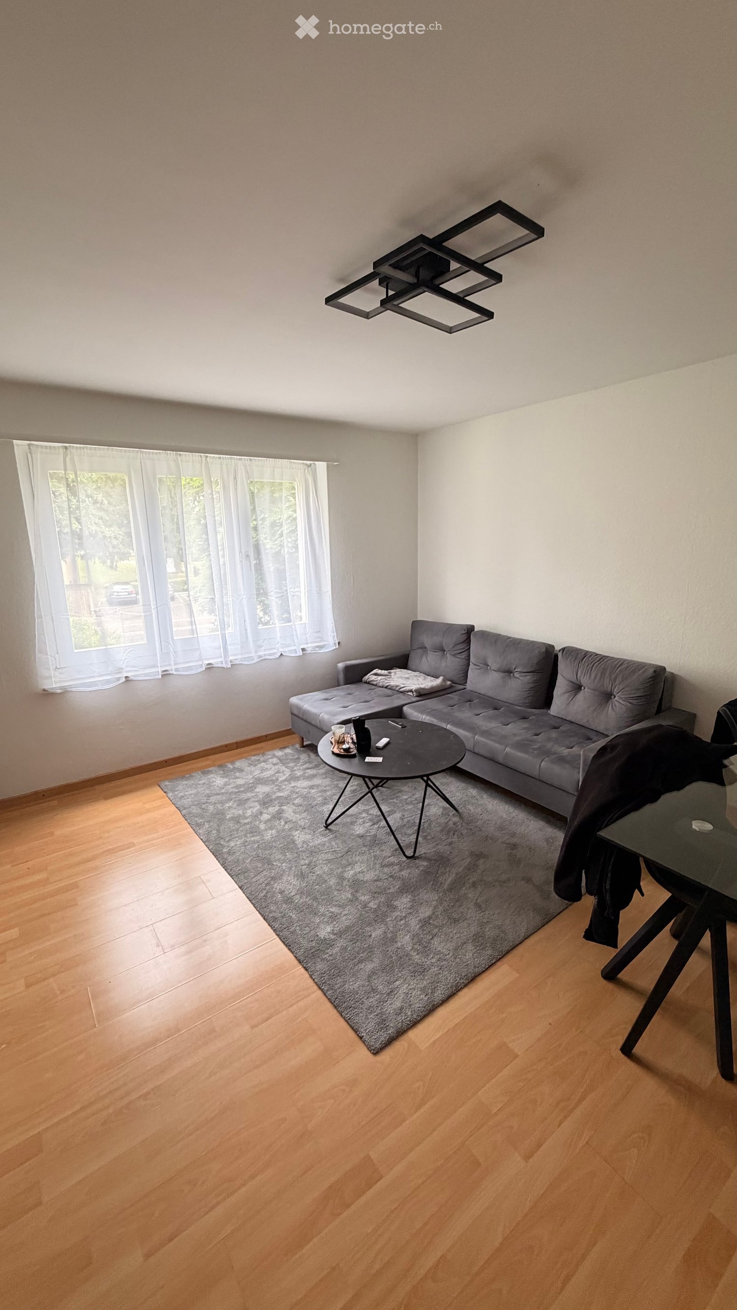 Modern living room with light wooden flooring, grey sectional sofa, round coffee table, grey rug, and large window with white curtains.