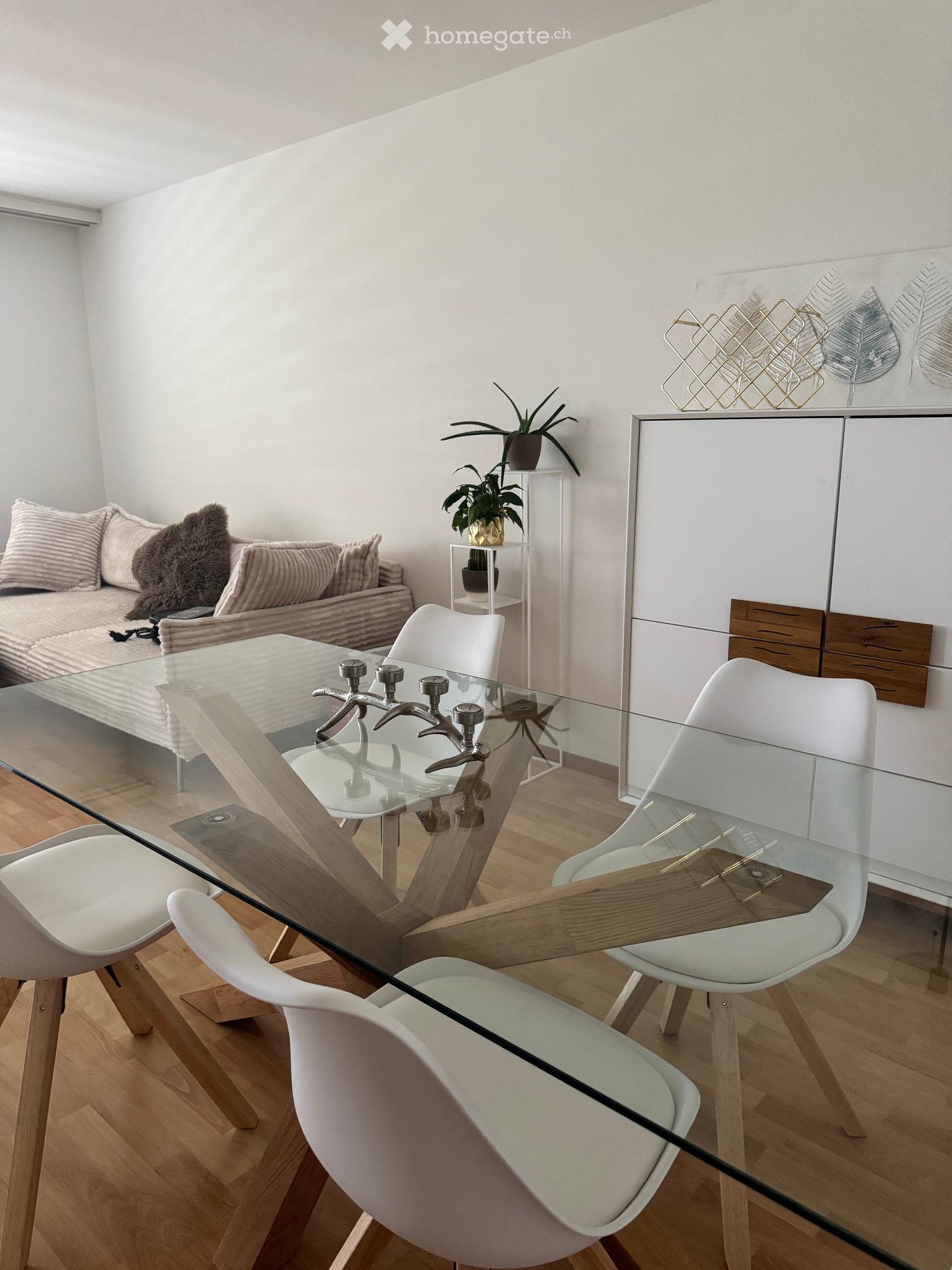 Modern living room with a glass dining table, white chairs, a sofa with pillows, a plant, and a white cabinet with decorative items on top.