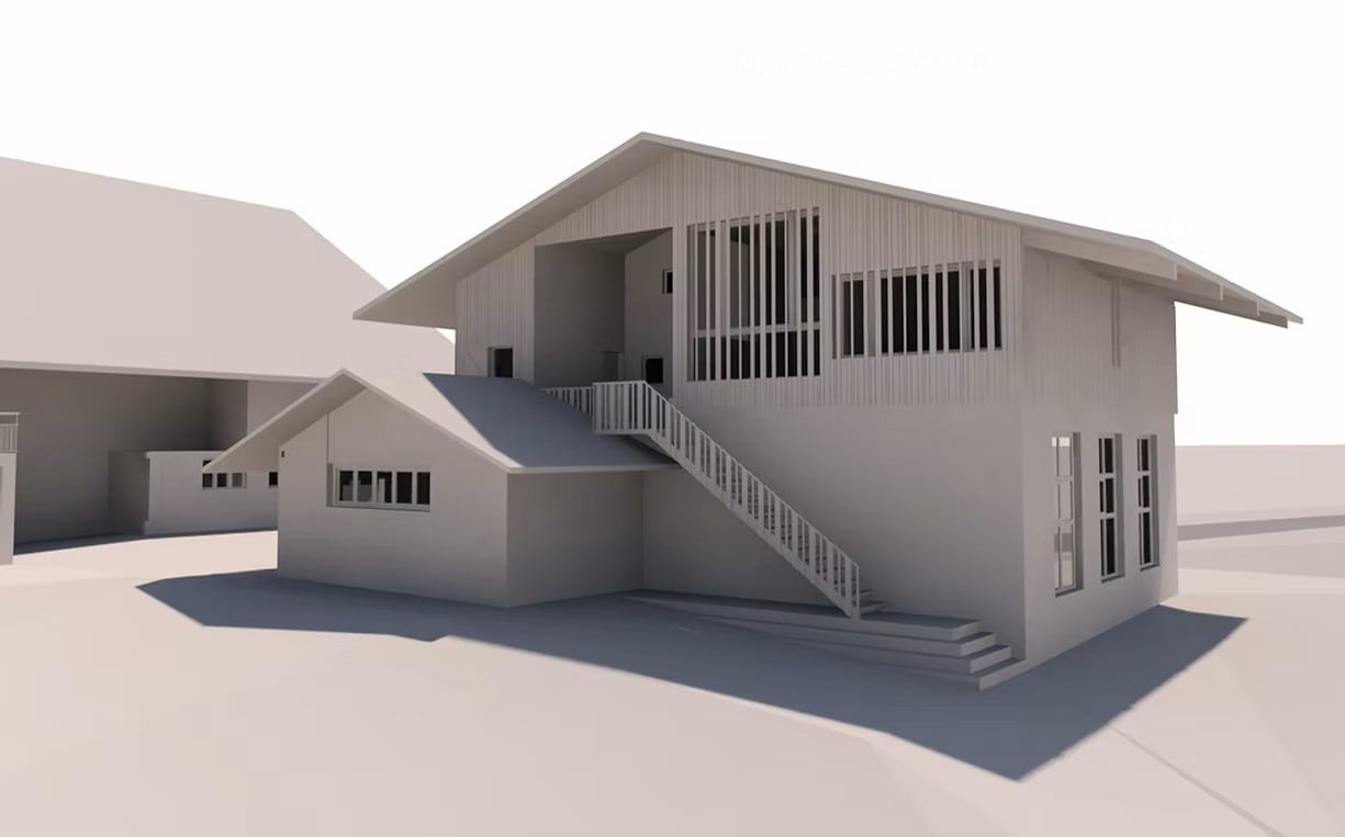 3D model of a modern two-story house with white exterior, large windows, and a staircase leading to an upper-level balcony.