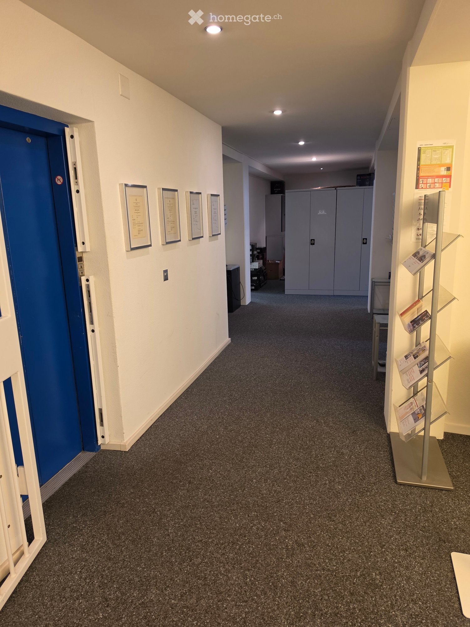 Clean, well-lit hallway with carpeted floor, white walls, and a blue door on the left. Framed certificates or awards are mounted on the wall, and a brochure rack is visible on the right side.