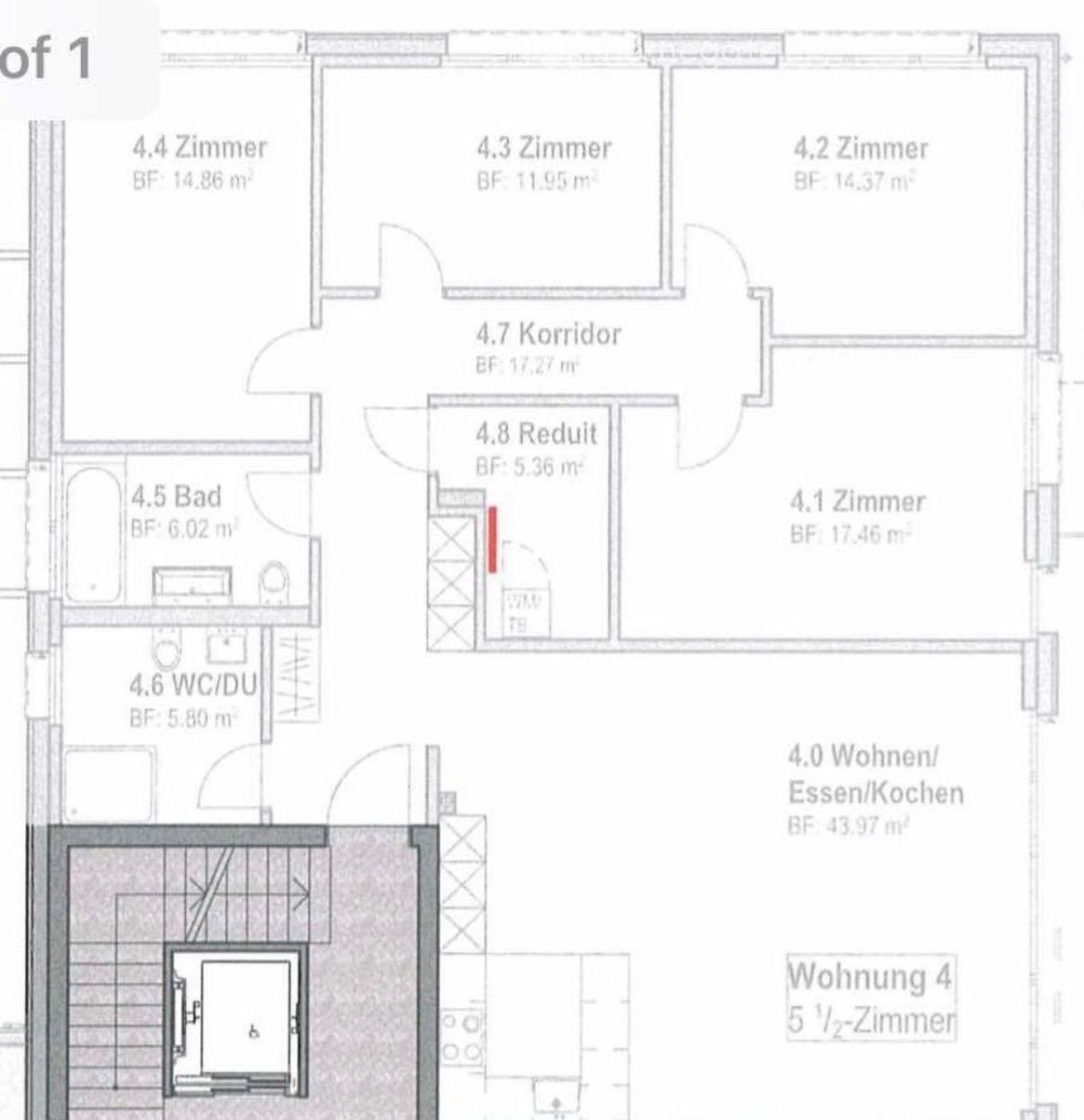 Floor plan of a 5.5-room apartment with labeled rooms including living/dining/kitchen area, bedrooms, bathrooms, and a hallway.
