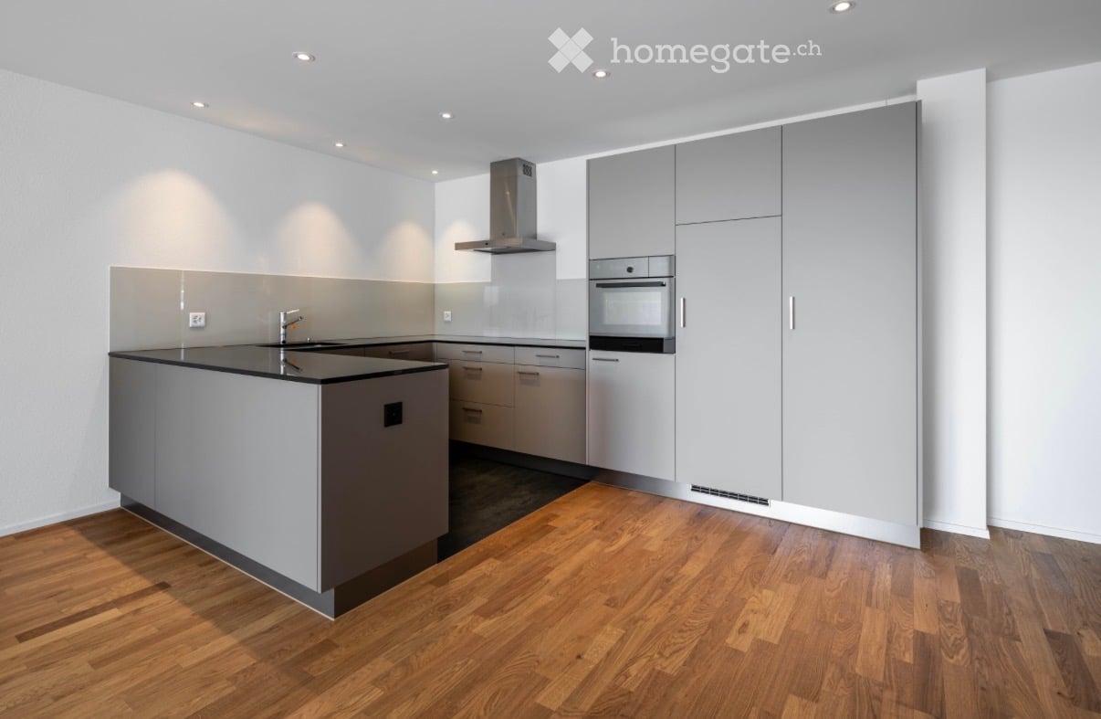 Modern kitchen with sleek grey cabinets, a black countertop, a stainless steel oven, and a range hood. The floor is made of polished wood.