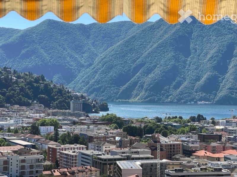 Panoramic view of a cityscape with mountains and a lake in the background, visible from a balcony or terrace.