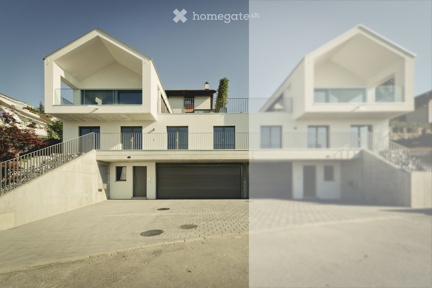 Modern two-story house with white exterior, large windows, and a garage. Features a raised ground floor, multiple balconies, and a clean, contemporary design.