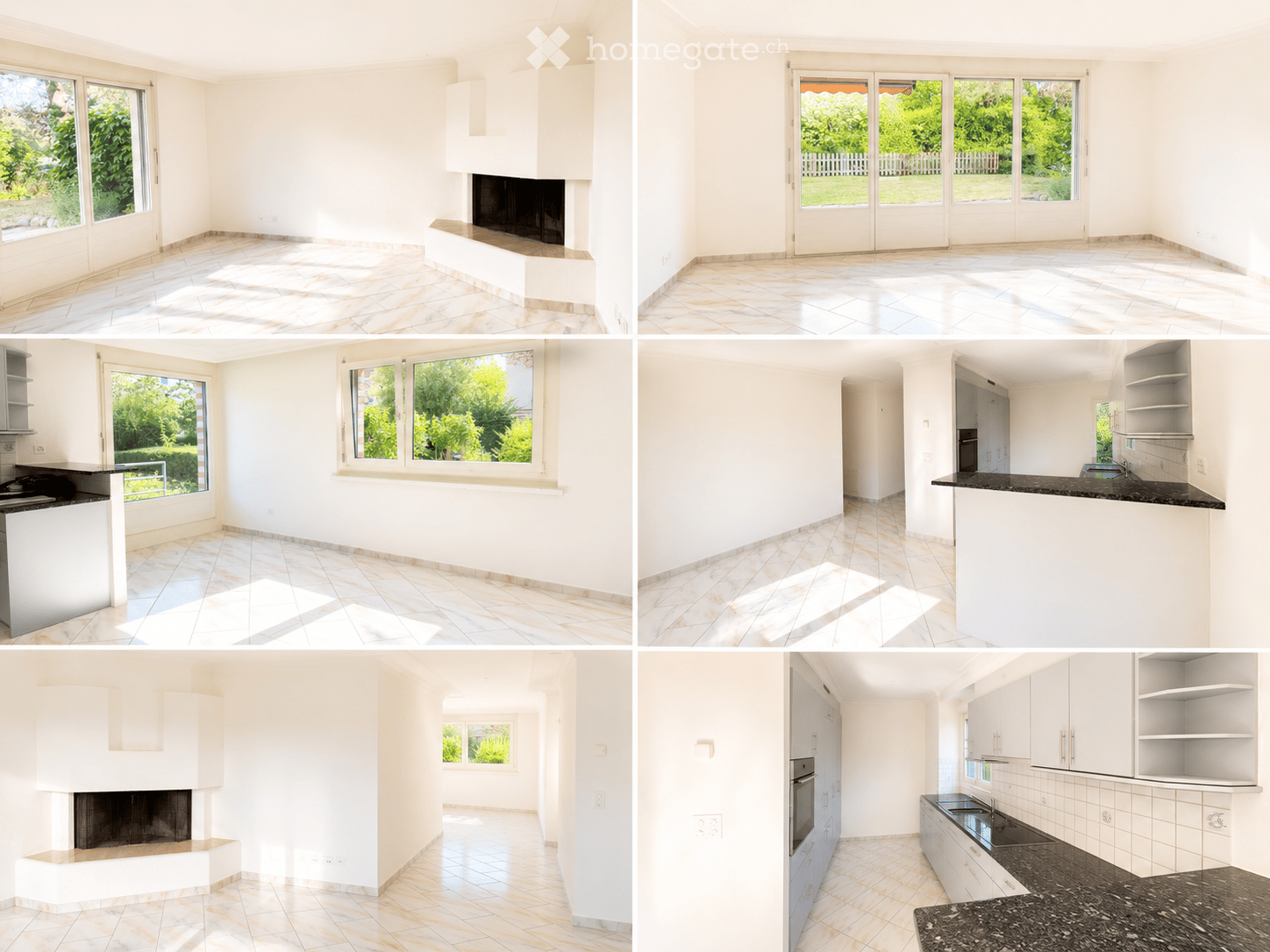 A collage of six unfurnished rooms showcasing a living room, dining room, kitchen, and bedroom, all with white walls, tiled floors, and large windows with views of greenery.
