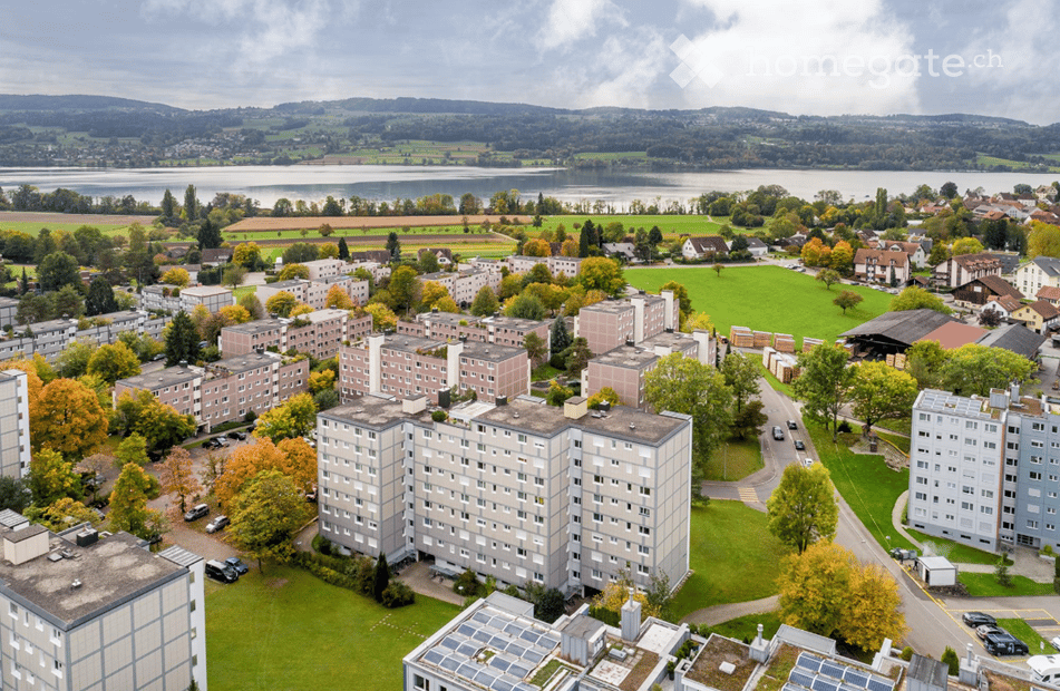 Aerial view of a residential area with multiple apartment buildings, green spaces, and a lake in the background.