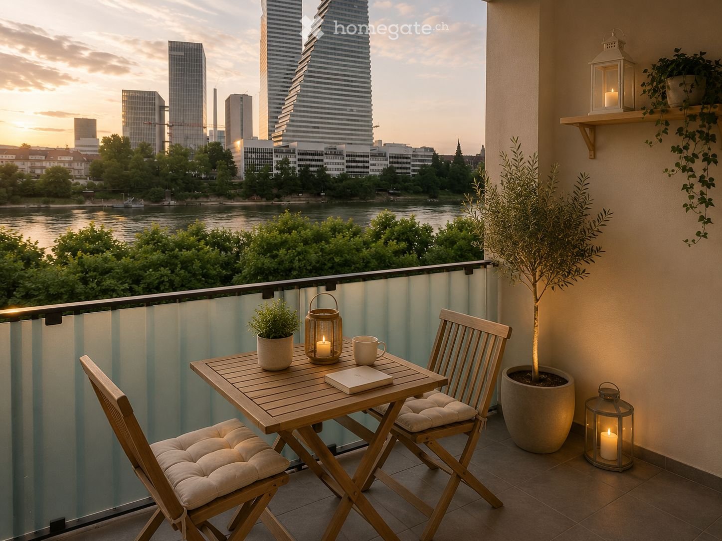 Balcony with a wooden table, two chairs, lanterns, and potted plants, overlooking a cityscape with modern buildings and a river.