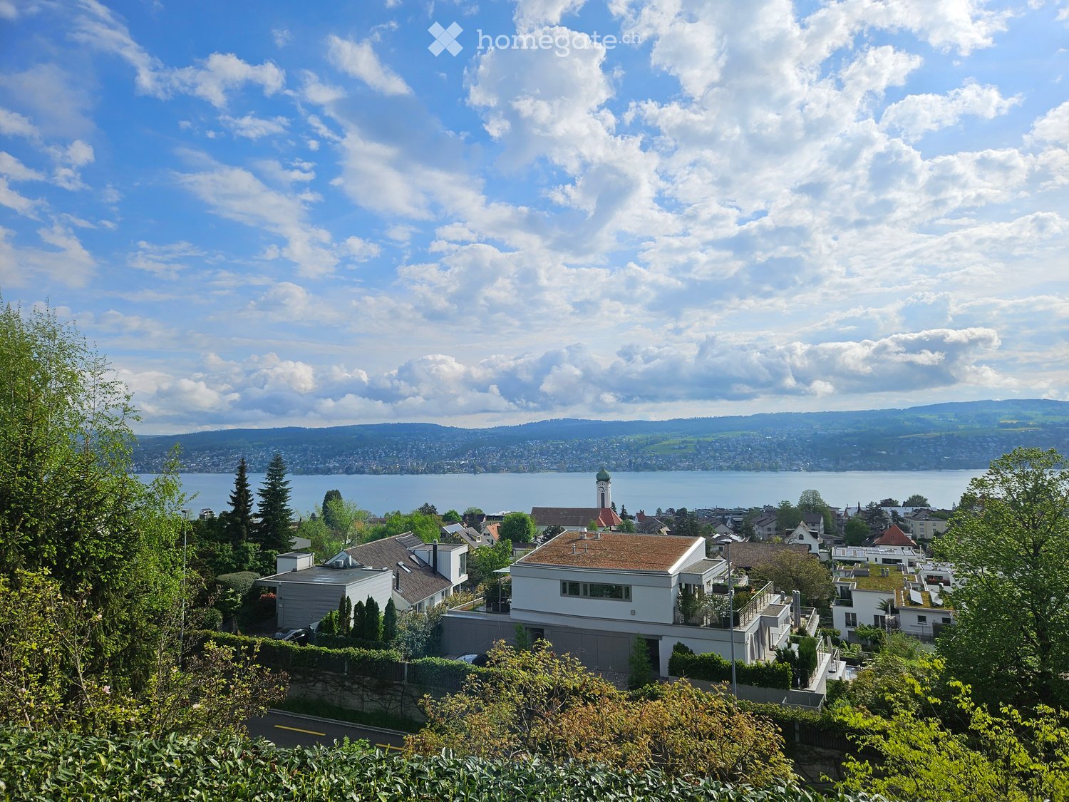 A scenic view of a residential area with houses, trees, and a lake in the background under a partly cloudy sky.