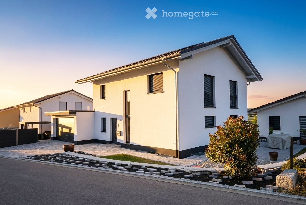 Modern two-story house with white exterior, dark trim, garage, and landscaped front yard.
