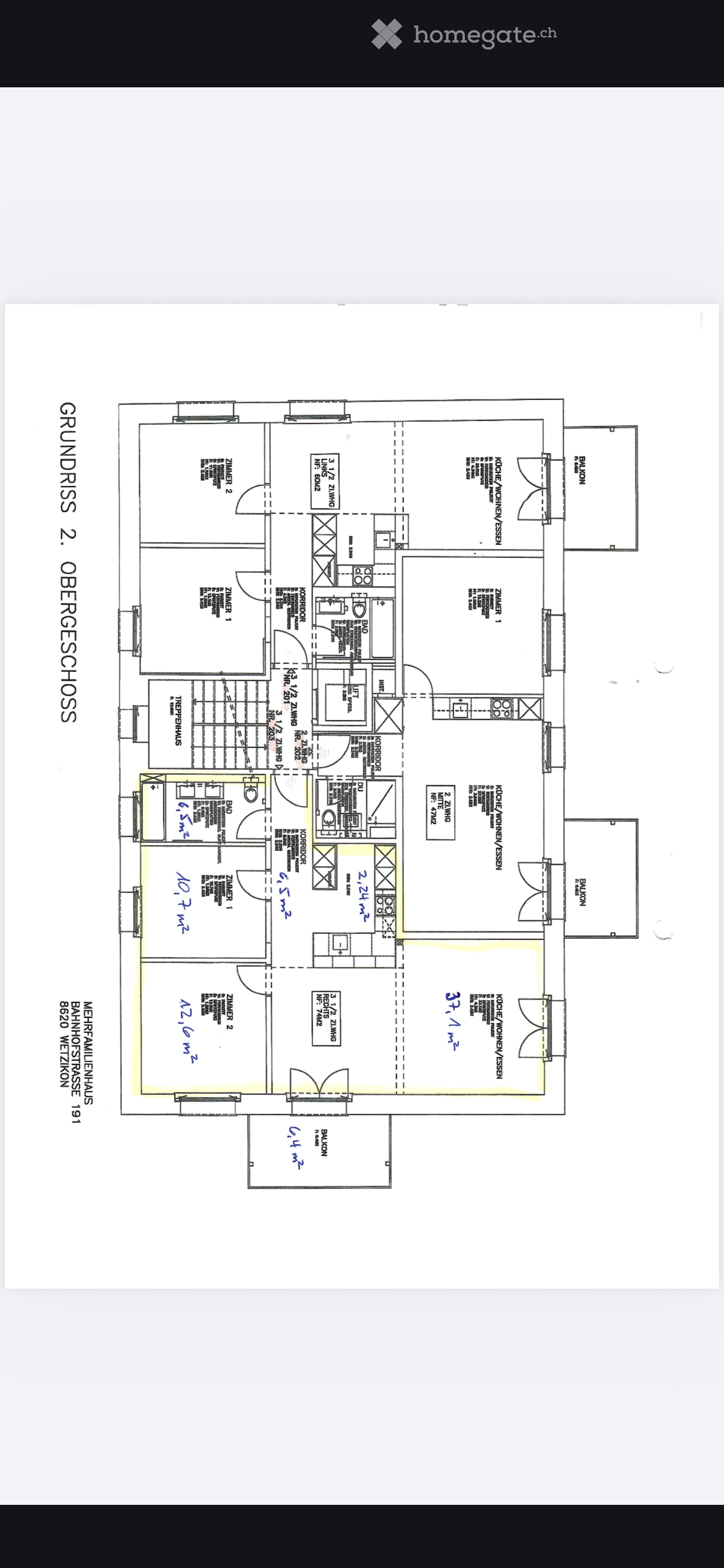 Floor plan of the second floor of an apartment building, showing multiple rooms including bedrooms, bathrooms, kitchen, and living areas, with labeled dimensions and room numbers.