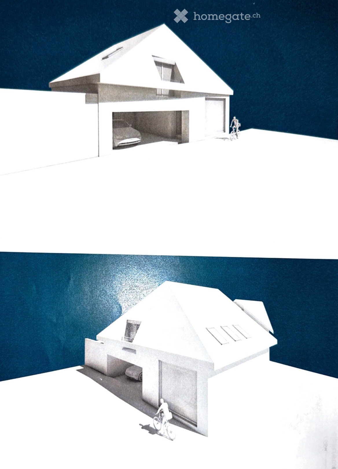Modern two-story house with a flat roof and garage, featuring large windows and a minimalist design.